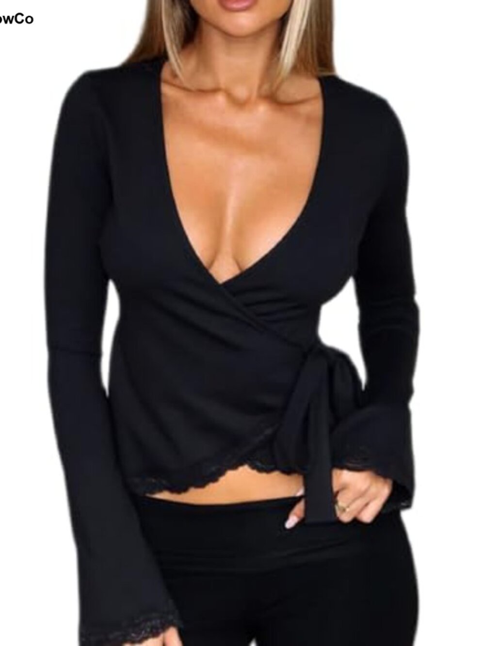 Women's Ballet Wrap Top V Neck Long Sleeve Self Tie Stretch Yoga Workout Crop